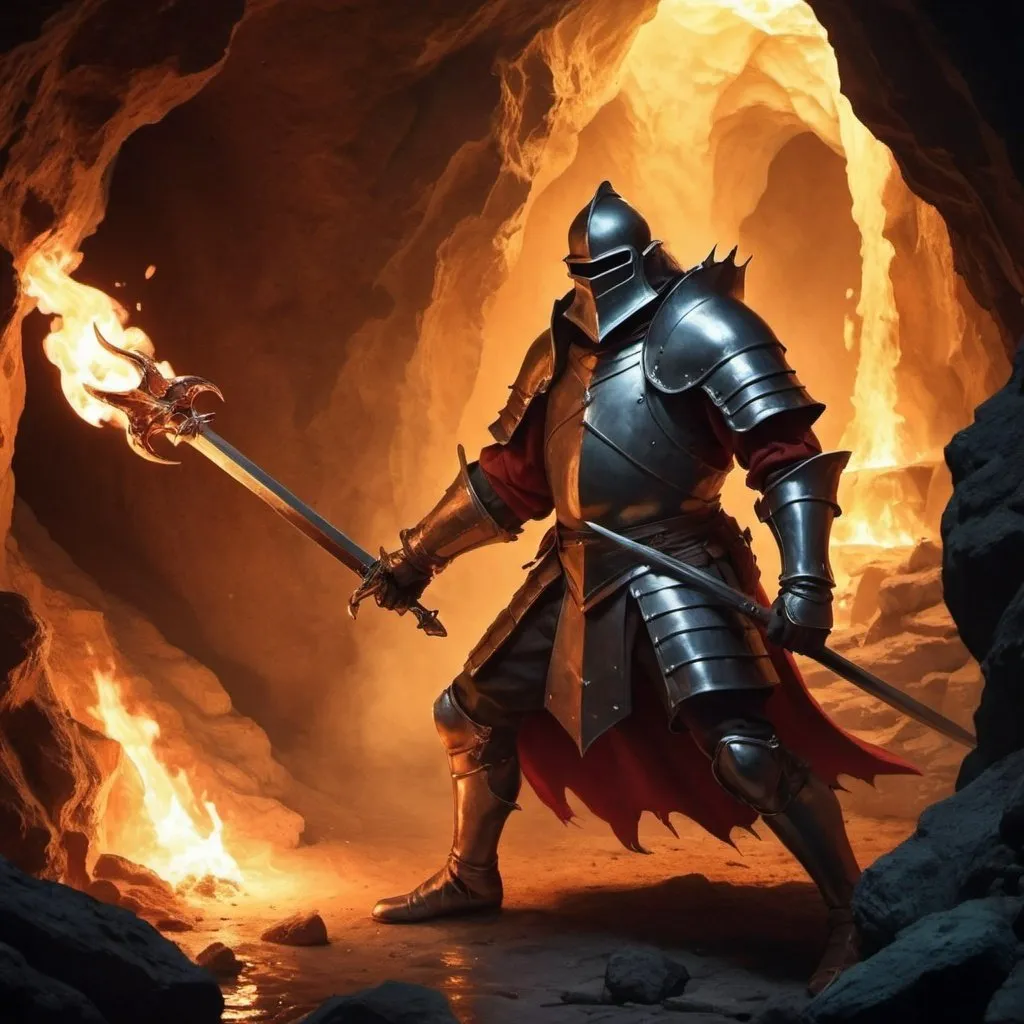Prompt: Chevalier combatant des creature malèfique dans une grotte enflammèe