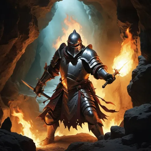 Prompt: Chevalier combatant des creature dans une grotte enflammèe