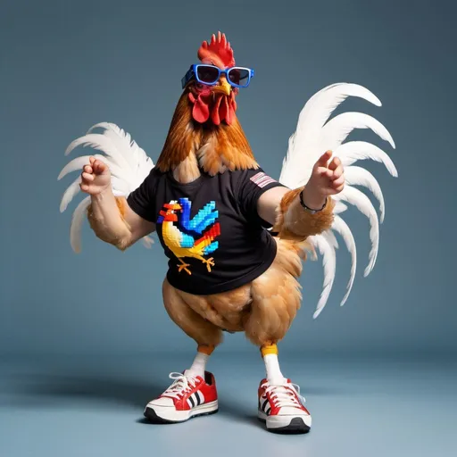 Prompt: A chicken with pixelated glasses and sneakers dances techtonics