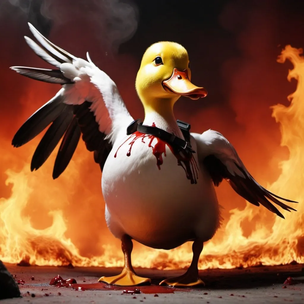 Prompt: A soldier duck coming out of hell filled with blood and death