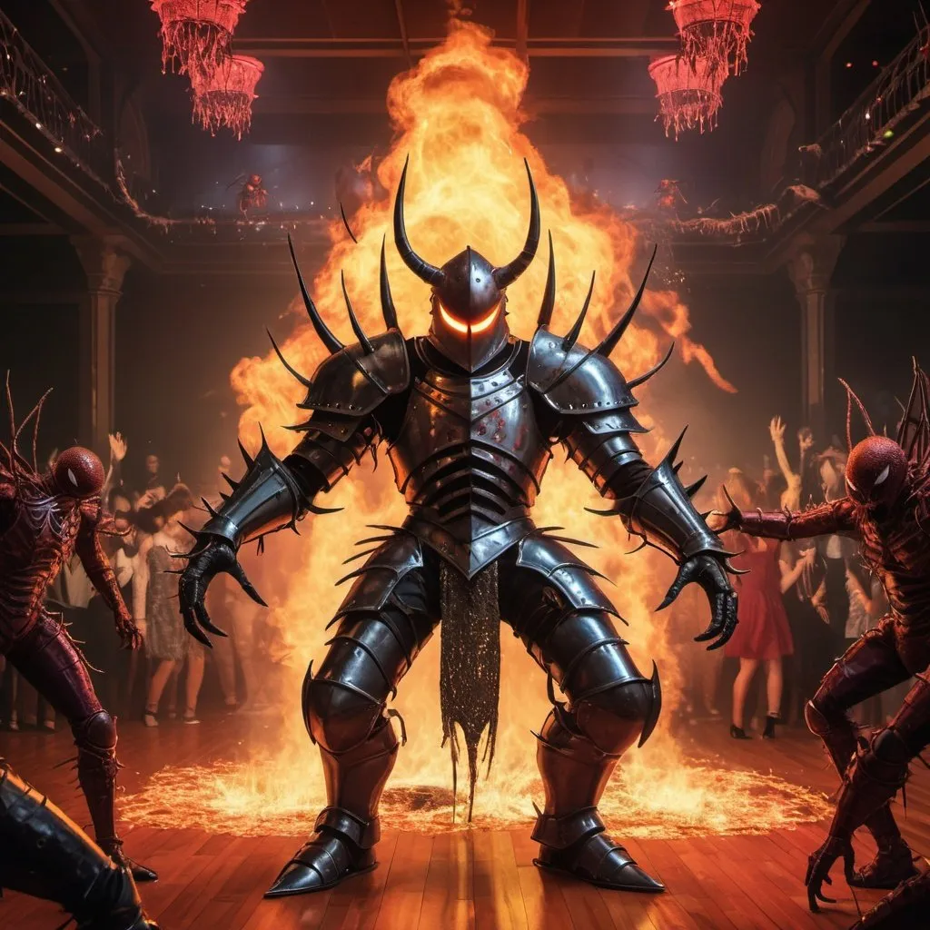 Prompt: Giant knight in fiery armor and a spiked helmet decapitating mutant spiders on a dance floor