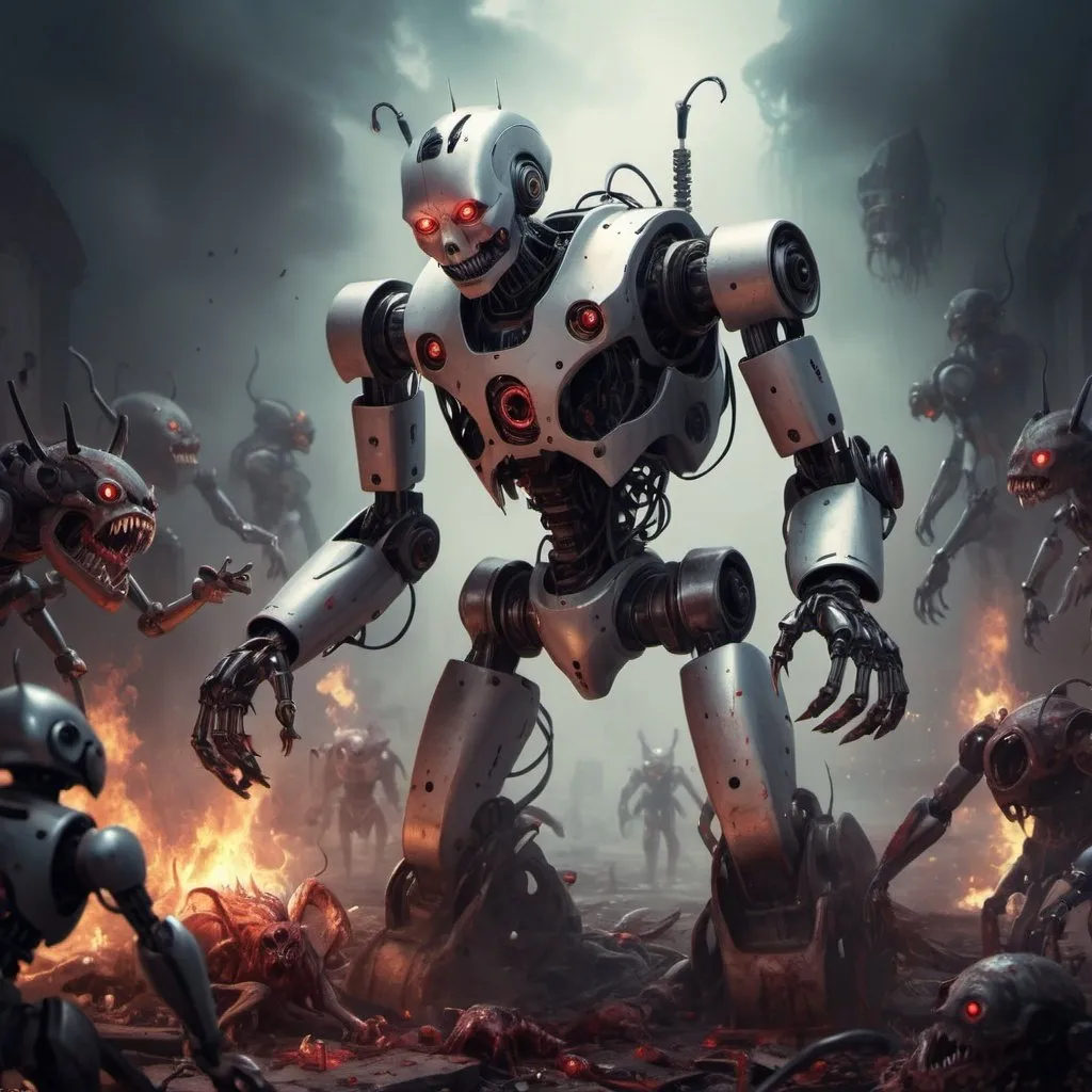 Prompt: a robOT that is overwhelmed by demonic creatures that bite it