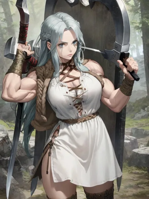 Prompt: Beautiful viking warrior goddess wielding an axe. She has muscles and a ripped dress