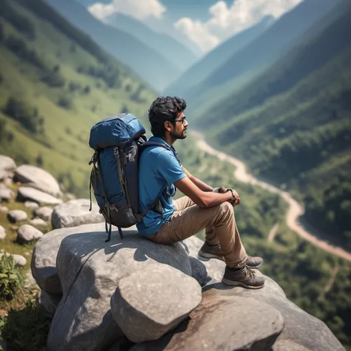 Prompt: a man sitting on a rock in the mountains with a backpack on his back and a backpack on his shoulder, Bikash Bhattacharjee, samikshavad, jayison devadas, a tilt shift photo