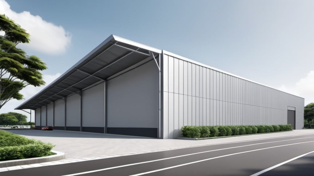Prompt: make this hangar of 50m large and 10m high on the eave to be situated near Flyer site in Singapore and surounded by Gardens by the bay area, facade with sandwich panels in light gray color. Realistic 3D
