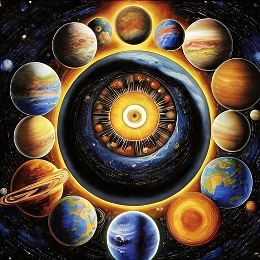 Prompt: The artwork presents a cosmic scene with symbolic elements:

1. Eyeball as Earth: The central focus, representing our planet.

2. Black Ball (Moon): Positioned on the right, symbolizing Earth's moon.

3. White Ball (Sun): On the left, depicting the sun.

4. Eight Planets: Surrounding Earth's eye, excluding Earth. Representing the solar system.

5. Chalice with Black Ooze: Holds mystery and the unknown aspects of space.

6. Black Hands: Embrace the chalice, suggesting control or manipulation of Earth's destiny.

7. Goth-Style Stone Carvings:Surrounding the scene in an arch, adding a mystical or ritualistic touch.

8. Black Pillars: One holding a book, symbolizing knowledge, and the other a sword, symbolizing power.

9. Ears on Black and White Balls: Symbolizing heightened awareness and perception.

10. Open Hands with Incisions: Positioned on the sides, possibly indicating higher power, vulnerability, and sacrifice.

The overall composition reflects on Earth's place in the cosmos, the balance of celestial bodies, and the interplay between cosmic forces and human influence. The symbolism encourages contemplation on the mysteries of the universe and the forces that shape our world.