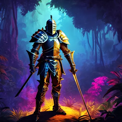 Prompt: A knight in a heroic pose, in the jungle, the colors are vibrant and glow under black light. 
