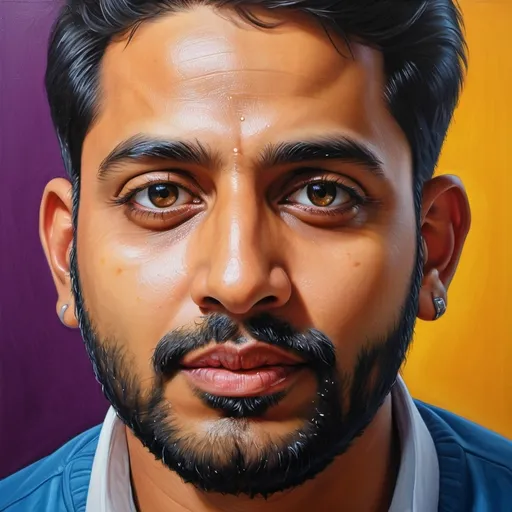 Prompt: Realistic portrait of Tikesh Parmar, oil painting, vibrant colors, professional lighting, high quality, detailed facial features, vibrant, realistic, oil painting, professional lighting, detailed, high quality, vibrant colors, realistic portrait