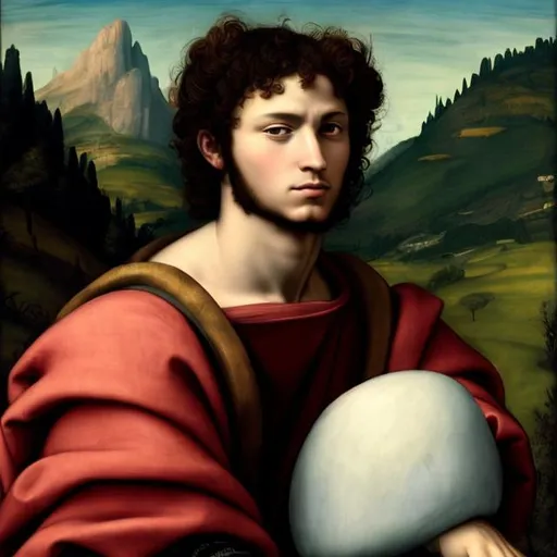 Prompt: A painted portrait of a man in the style of Italian Renaissance painter Raphael with mountains in the background.