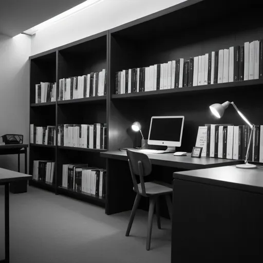 Prompt: a big libary with a desk and lamp that is neat and tidy with a monochroom aestetic 