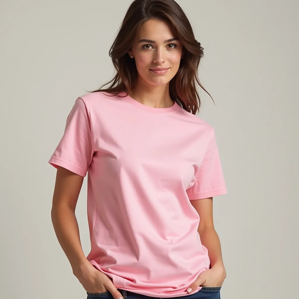 Prompt: una modelo con una camiseta estilo gildan 64000 de color rosada