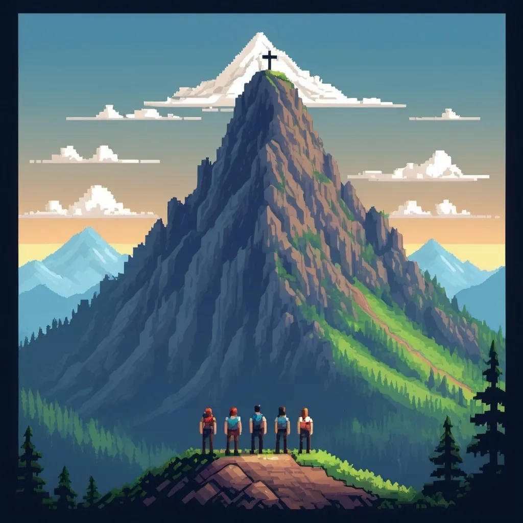 Prompt: I need a book cover of a handbook for a group called Trailblazers in  pixel art style. It should have a mountain on it. With people standing in front of the mountain. On top of the mountain there should be a Christian cross.  
