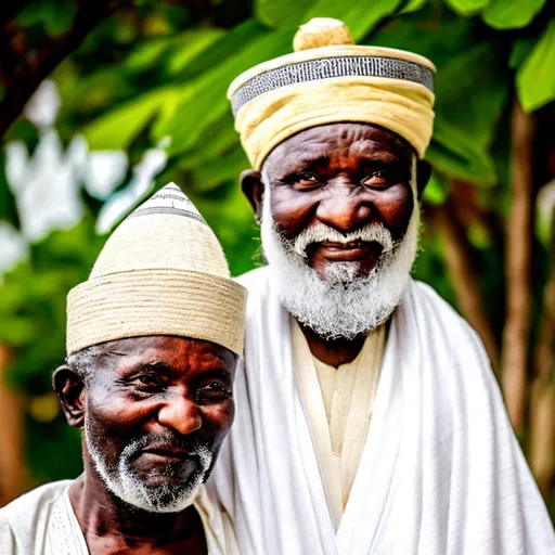 Prompt: Old Hausa man with white  beard wearing  white robe and white kufi hat in nigeria