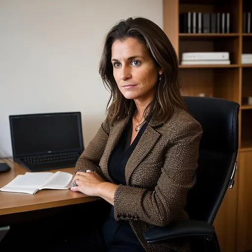 Prompt: 1 AUGUST 2015 , Paris, france, A 40 year old woman with brown hair wearing  blazer and black trousers sitting a chair in her office at home.