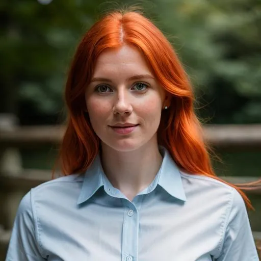 Prompt: A red haired British woman wearing collared shirt 