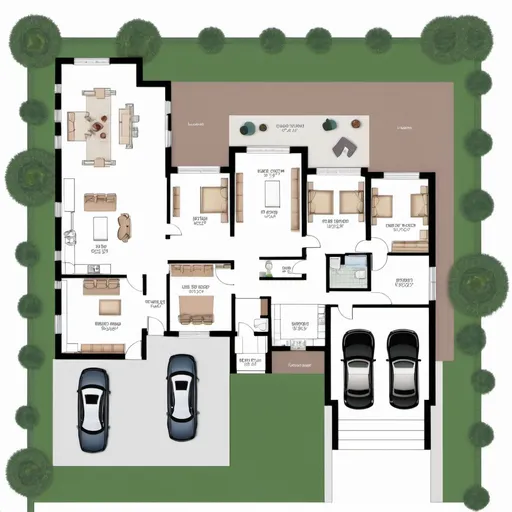 Prompt: Floor plan, 2D, 5000 sq.ft land, ground floor should have 3 parking spaces, 2 bedrooms, one living room, one dining room, one kitchen.