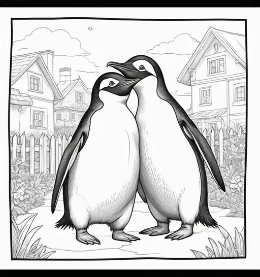 Prompt: Make a black and white illustration for coloring book illustration,two pinguins hugging with a heart above them,movements,cute background near house,simple bold lines,details