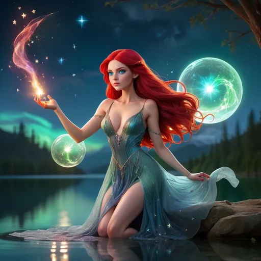 Prompt: lady wizard, half blue half red hair, over a lake,big cleavage, crystal dress, casting a spell ,one leg showing over the dress, green eyes