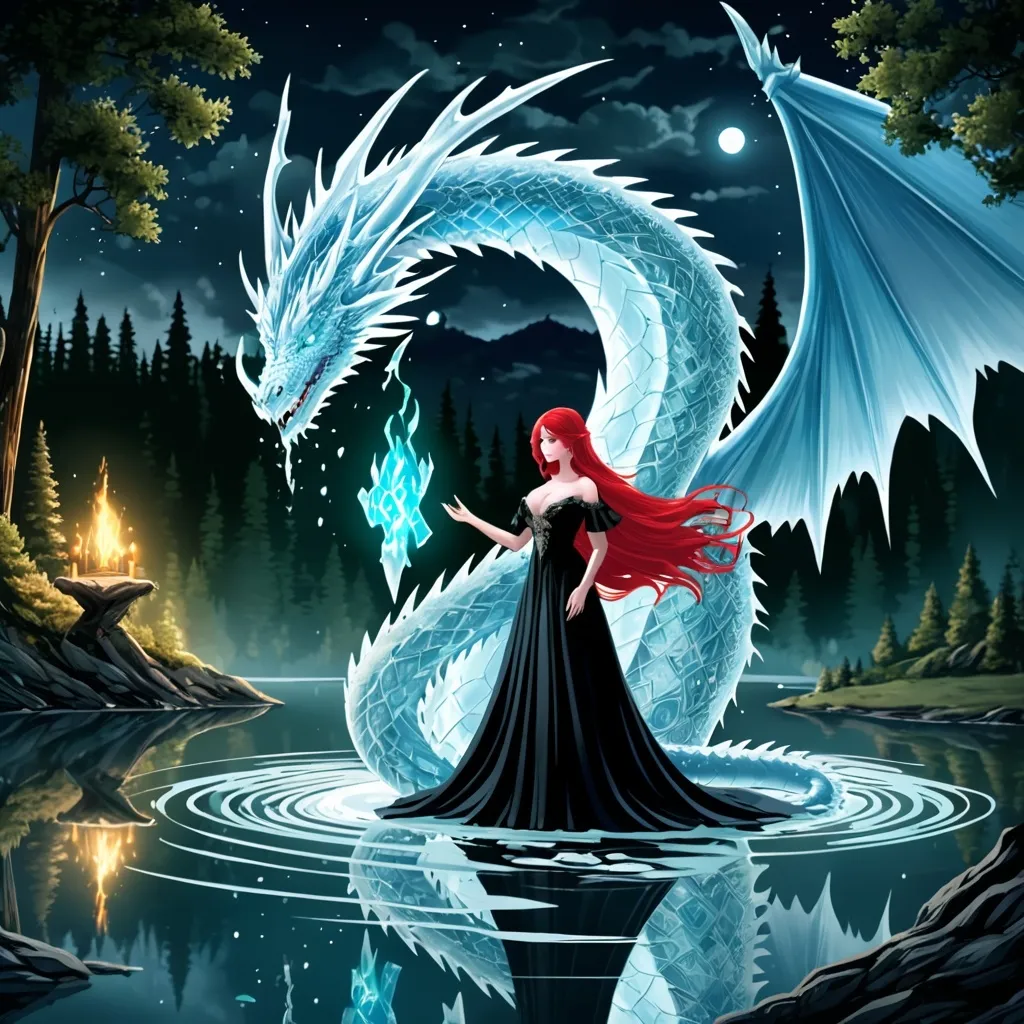 Prompt: lady wizard, blue hair, red hair, over a lake,big cleavage, black dress, casting ice dragon spell ,one leg showing over the dress, green eyes,  