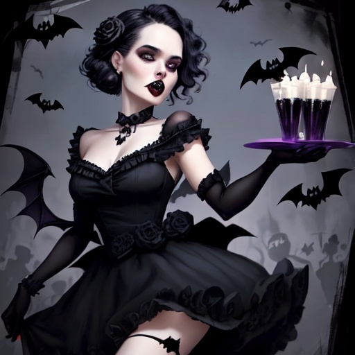 Prompt: rip 30s, party invitation,skulls, bats,black dress woman