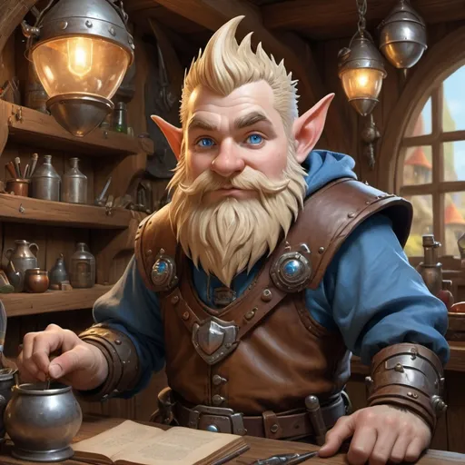 Prompt: Gnome wearing a lightly armor plated leather armor, 30 years old, dirty blonde hair, wild spiky hair, blue eyes, and a short beard, pointy ears, and pointy nose, looks like someone who likes to tinker with technology and magic.