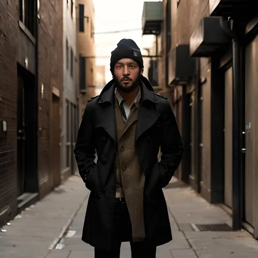 Prompt: man standing in an alleyway, using an ATM, trench coat, black beanie, 27 years old, gritty, fair skin, stubble beard