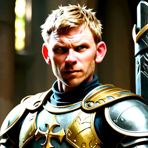 Prompt: Human, paladin, Plate armor, with gold and silver engravings, sitting on an clean stone throne, Short and light dirty blonde hair, looks like Mark Pellegrino, mid 30's, zoomed out