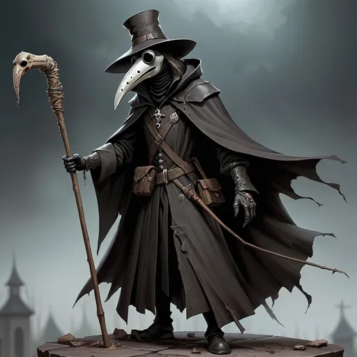 Prompt: Dark fantasy, plague doctor, dnd, holding a quarter staff like a walking stick