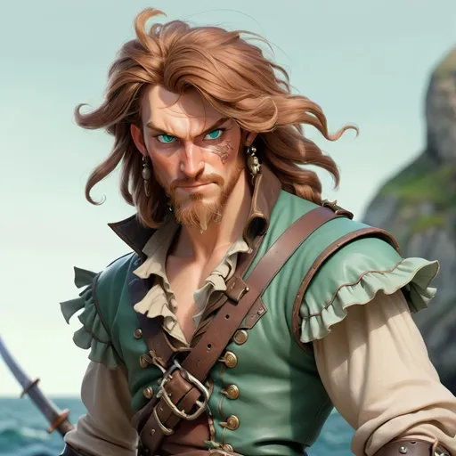 Prompt: Human, male, rogue, Pirate, age late 20's, light brown wild hair, sunkissed skin, sea green eyes, light leather armor with some cloth frills, dark fantasy, wielding rapier, sketched with pencil