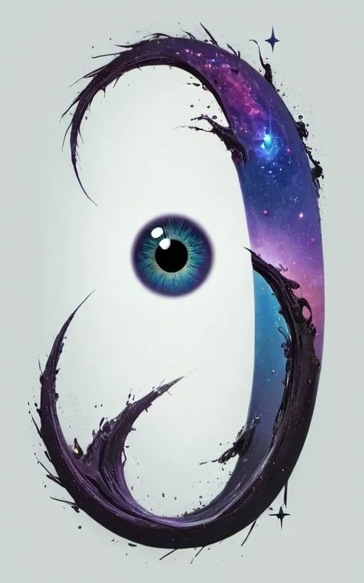 Prompt: An artistic and surreal illustration of a realistic human eye looking to the left, with its tail transforming into a smooth, flowing U-shaped body. The U-shaped body tapers as it ends and is filled with a detailed texture resembling outer space, featuring vibrant galaxies, planets, and shimmering stars. The entire image is rendered in a colorful, minimalistic style with soft gradients and clean details. The background is a deep digital abyss inspired by the Matrix, with cascading neon-green code and dark shadows to give a futuristic, infinite depth effect. The composition should feel dreamlike and ethereal while maintaining a sense of simplicity and minimalism.