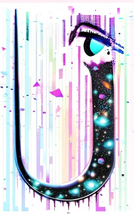 Prompt: An artistic and surreal illustration of a realistic human eye looking to the left, with its tail transforming into a smooth, flowing U-shaped body. The U-shaped body tapers as it ends and is filled with a detailed texture resembling outer space, featuring vibrant galaxies, planets, and shimmering stars. The entire image is rendered in a colorful, minimalistic style with soft gradients and clean details. The background is a deep digital abyss inspired by the Matrix, with cascading neon-green code and dark shadows to give a futuristic, infinite depth effect. The composition should feel dreamlike and ethereal while maintaining a sense of simplicity and minimalism.