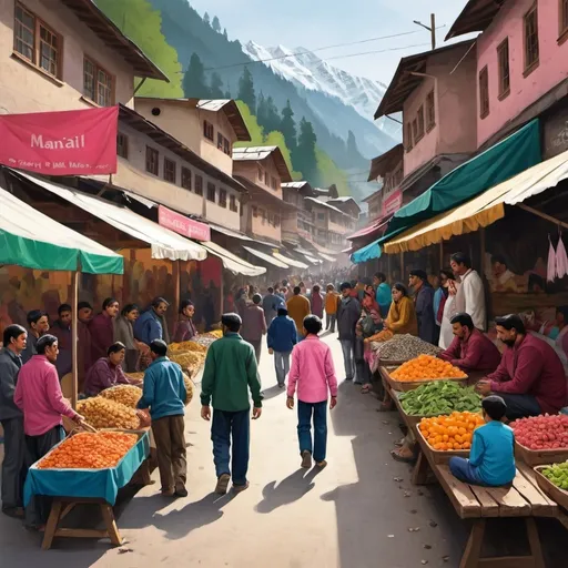 Prompt: Illustration Prompt: Busy Market Street in Manali

Description:
Create an illustration depicting a bustling market street in Manali, capturing the vibrant atmosphere and diverse crowd. The scene should be filled with various market stalls, colorful goods, and people engaging in different activities.

Focus:
At the center of the illustration, draw a boy sitting on a bench and everyone is staring at him. Make sure to depict people on the street is staring at him with a curiosity, thoughtful or contemplative expression. Show the faces of people clearly.

Key Elements:

Market Stalls: Include various stalls with colorful displays of fruits, vegetables, clothes, and other market goods. Make sure to capture the essence of a busy market day.
Crowd: Illustrate a diverse crowd of people, including families with children, vendors, and shoppers. Ensure the crowd looks lively and engaged in typical market activities.
Background: Include the buildings and signage from the reference image to provide context and authenticity to the Manali market scene.
Focus on the Boy: Draw several people in the crowd staring at the boy on the bench. Their gazes should be subtle yet noticeable, indicating a sense of curiosity or intrigue.
Details: Pay attention to the details of the market environment, such as the textures of the stalls, the clothing of the people, and the general hustle and bustle of the scene.
Color Palette:
Use vibrant and varied colors to bring the market scene to life. The boy's pink shirt should stand out amidst the colorful surroundings.

Mood:
Capture a lively and bustling atmosphere, but with a hint of curiosity or intrigue centered around the boy on the bench.