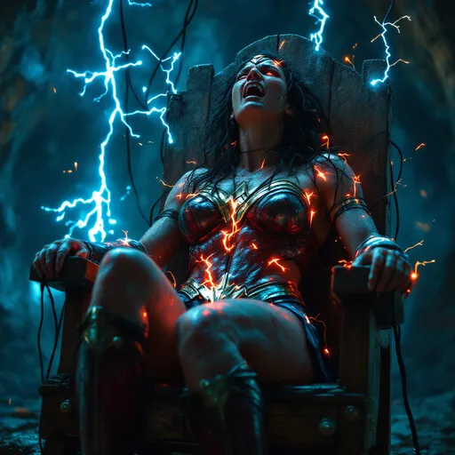 Prompt: Close up of sweaty damaged armor megan fox as Wonder Woman, strapped to a wooden electric chair. Her veins glow red. Electricity is swirling throughout her body, legs and arms. She is screaming. She has thick wires plugged into her head.

Electricity is the emphasis on the image. She is being electrocuted.

Background is a creepy cave with wires everywhere. Sparks are flying. Realistic. Detailed. Emphasis on electricity flowing through her body.