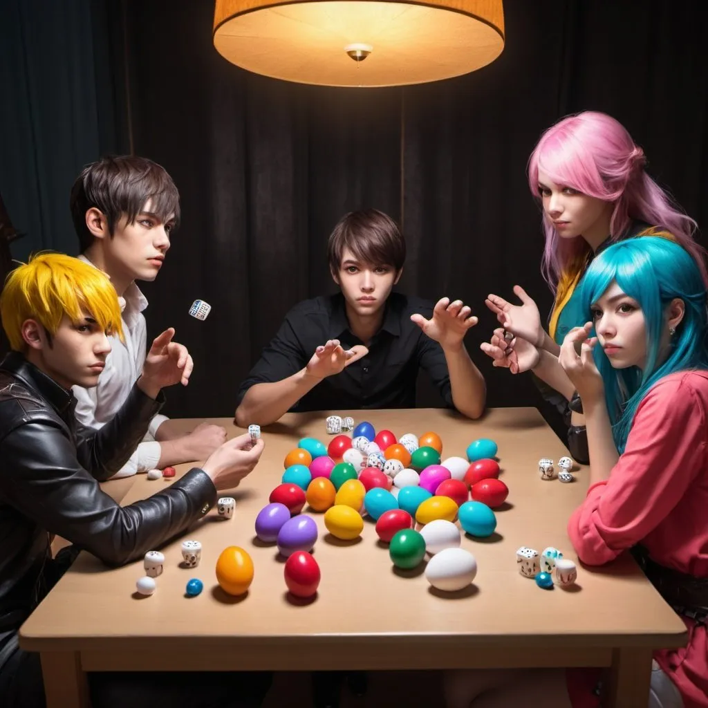 Prompt: 5 persona, 4 Man and 1 girl, playing RPG at the table and throwing dice with colors eggs . And see all face 