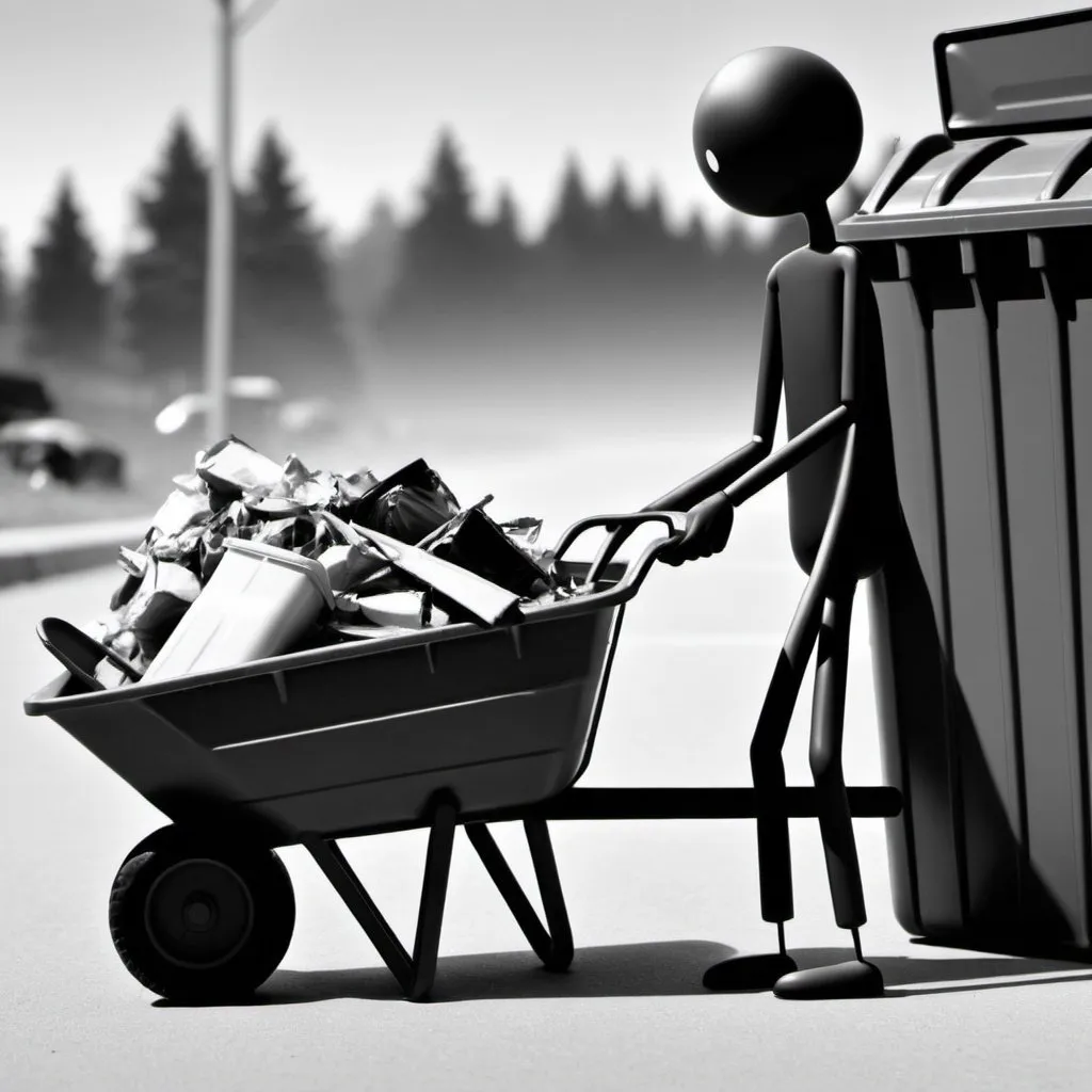 Prompt: A stickman holding a wheelbarrow an in front oft them a trashbox as a 2D picture in black and white.