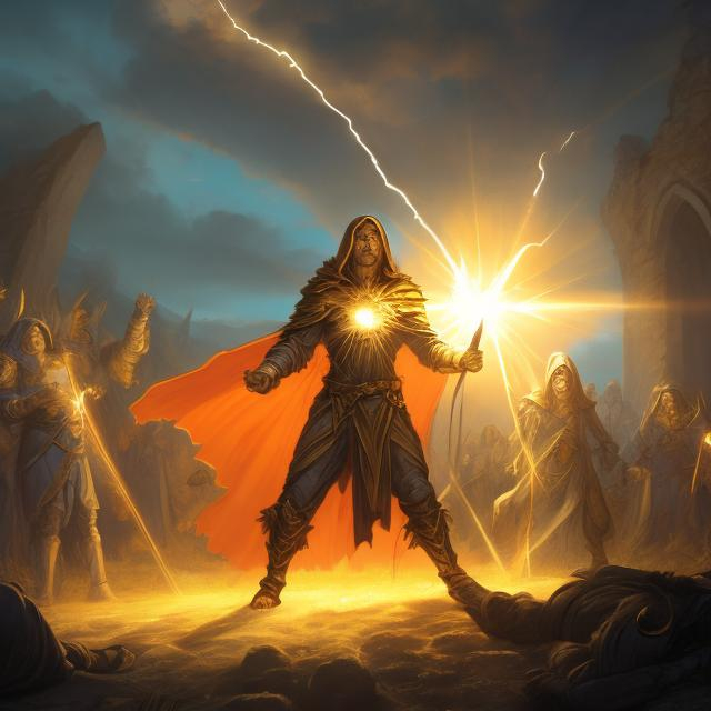 Prompt: Fantasy image of a cleric of the sun casting a bolt of light at the undead
