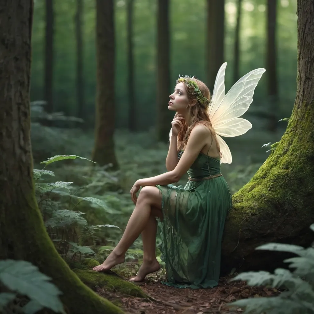 Prompt: a fairy woman wondering in the forest alone