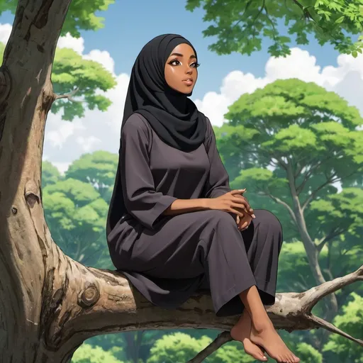 Prompt: black anime muslim woman sitting on an tree in a forset