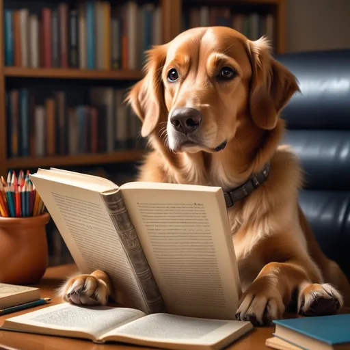 Prompt: (dog sitting on a chair), reading a book of life stories, (pen and pencils nearby) on a desk, (bookcase in background), cozy ambiance, soft warm lighting, inviting atmosphere, (award-winning photography), photorealistic, high-quality, stock photo, detailed textures, serene setup, perfect composition, intimate scene, warm color tones.