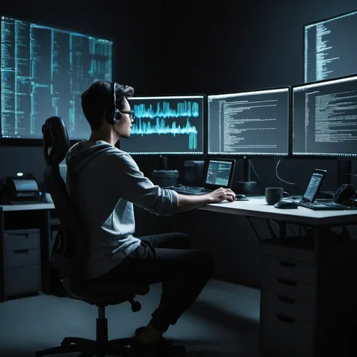 Prompt: A person sitting onfront of a computer and coding with beutifull work setup. with bloack background