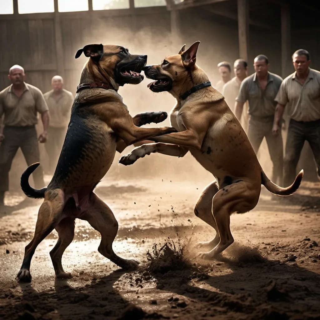 Prompt: Dog fighting scene, (intense showdown), rugged environment, (dramatic lighting) casting strong shadows, tension-filled atmosphere, high-quality details, dynamic composition, showcasing raw emotion, gritty textures, action-focused imagery, emphasizing the struggle, fighting dogs engaged, spectators at the edges, dark muddy grounds, dusk setting, (HD) resolution for maximum impact.