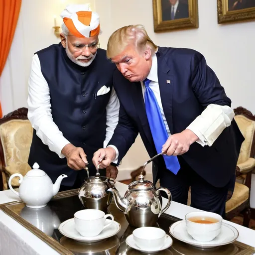 Prompt: Donald Trump chaiwala preparing tea for Narendra modi