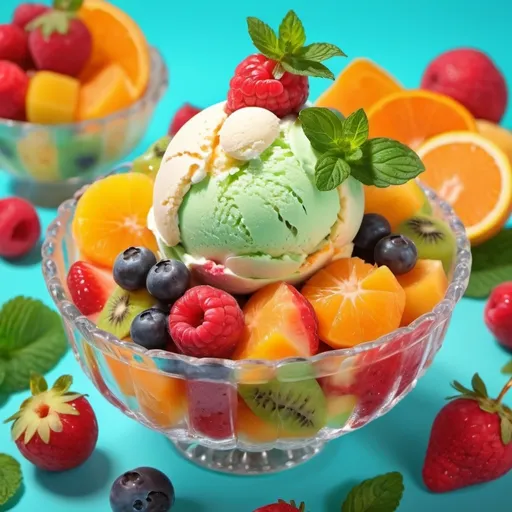 Prompt: (delectable fruit salad with ice cream), vibrant colors, (fresh) and (juicy fruits), creamy and smooth ice cream, detailed textures, delicious presentation, (whimsical arrangement), sunny background, bright and cheerful ambiance, (colorful and inviting), adorned with mint leaves, served in a crystal bowl, high quality, ultra-detailed, 4K resolution.