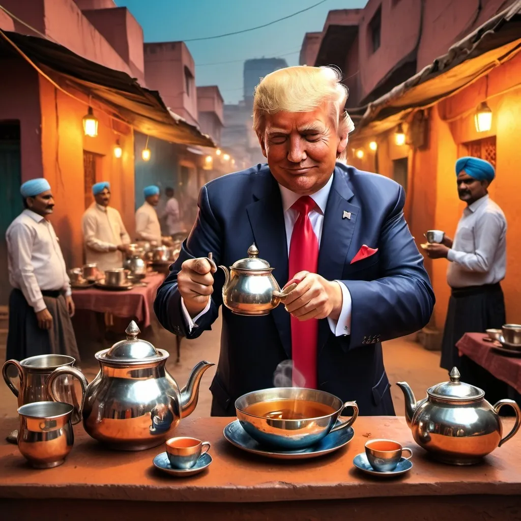 Prompt: Donald Trump chaiwala preparing tea for Narendra modi