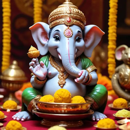 Prompt: Rat Ganpati (Lord Ganesh as a rat), eating ladoo, (devotional) atmosphere, (vibrant colors), (4K ultra-detailed), intricate details on Ganpati's features and expressions, warm and inviting lighting, delightful feel with ladoos fully visible, traditional Indian decorations in the background, rich textures on the ladoos, expressing joy and festivity, serene setting with elements of spirituality and celebration.