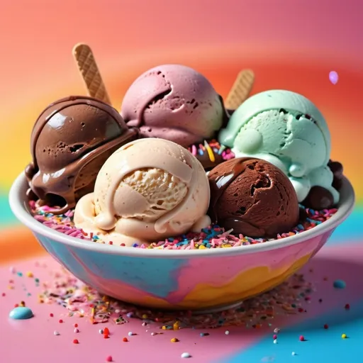 Prompt: (ice cream), colorful and delicious scoops, (vibrant), intricate details of melted chocolate and sprinkles, soft and inviting textures, bright sunny background, playful atmosphere, whimsical presentation, refreshing and delightful scene, high quality 4K resolution, tempting and appetizing visual