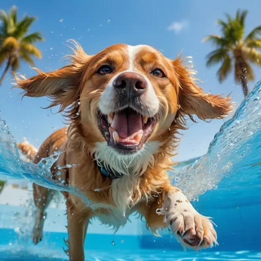 Prompt: (dog swimming), playful scene, bright blue pool water, sunlight glistening on the surface, splashes around the dog, (vibrant colors), cheerful ambiance, soft waves, water droplets sparkling, detailed fur texture, happy expression on dog's face, summertime vibe, (high quality), summer fun, relaxing surroundings.