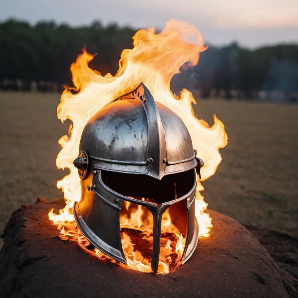 Prompt: a flaming knight helmet sitting on a battlefield