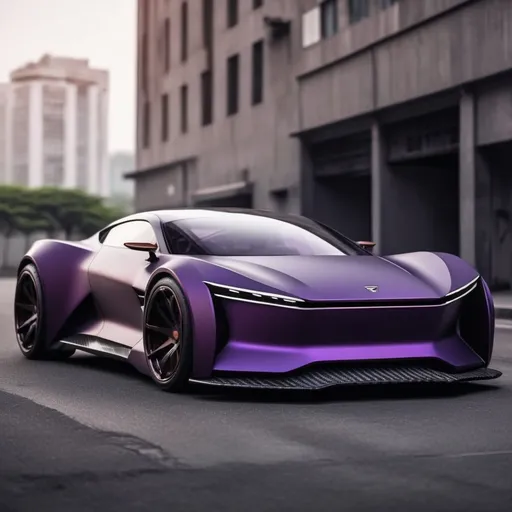 Prompt: Electric sports car concept, matte Dark purple with carbon fiber, simple and elegant bumper model but looks fierce, headlights like an angry shark, with a typical view of Indonesia