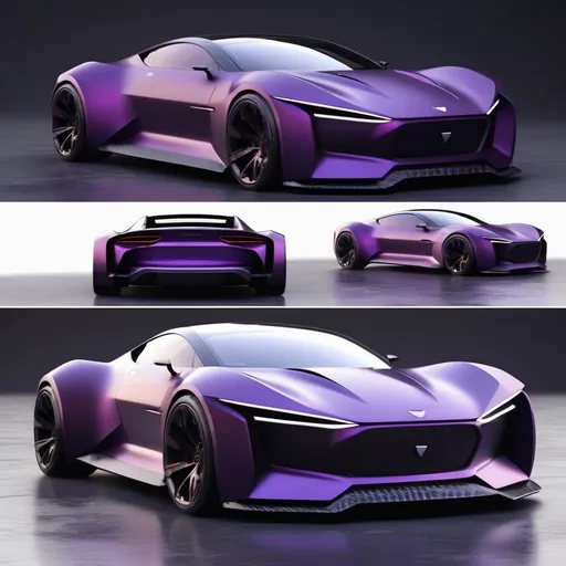 Prompt: Electric sports car concept, matte Dark purple with carbon fiber, simple and elegant bumper model but looks fierce, Headlights look like angry aliens, with a typical view of Indonesia